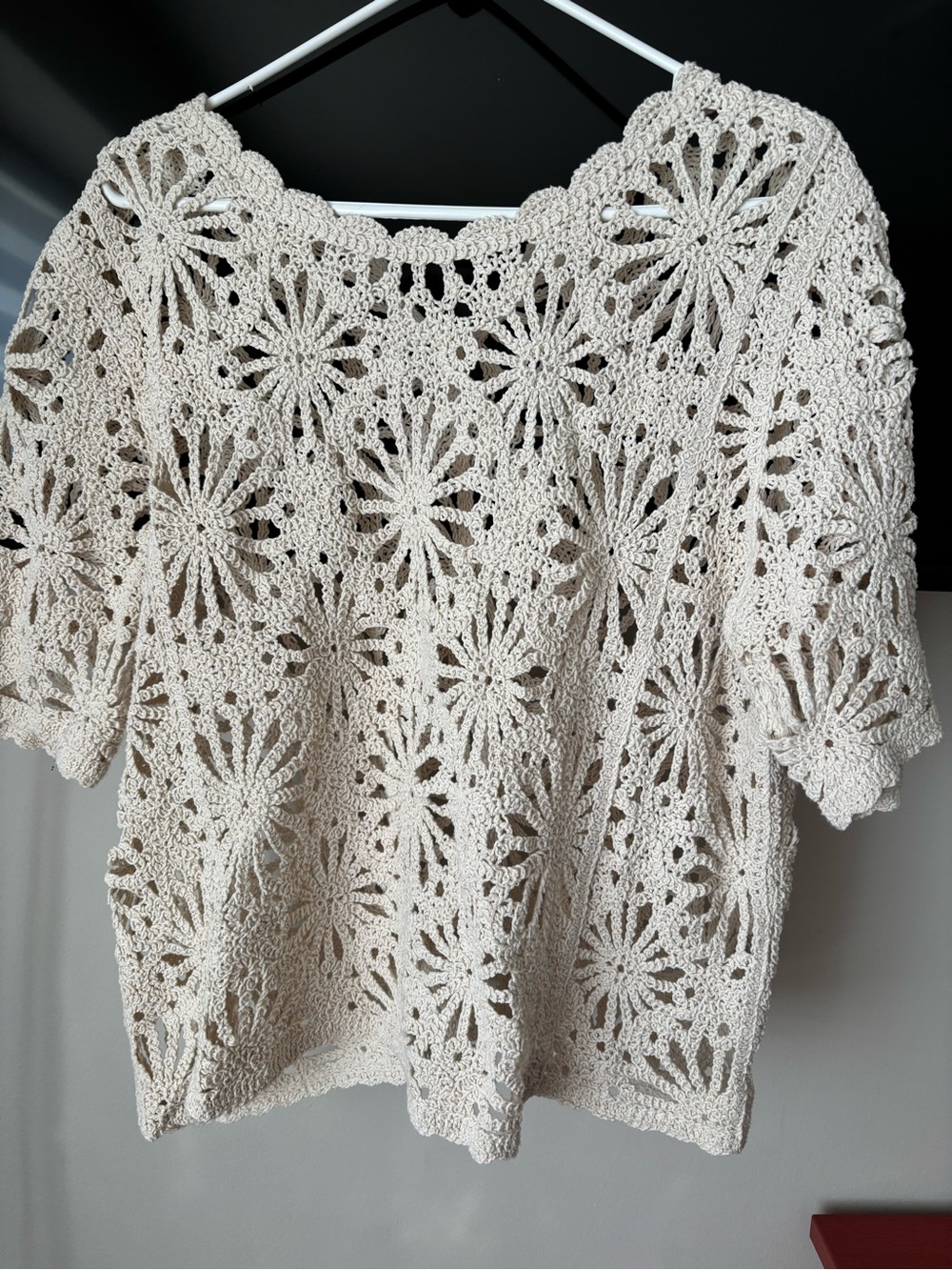 Crochet Floral Short-Sleeve Tunic - Cream